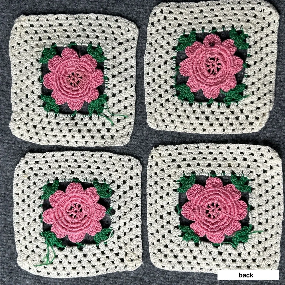 Vintage Floral Dollies Set of 4 Cream Pink Crochet 3D Rose Handmade - Picture 2 of 6